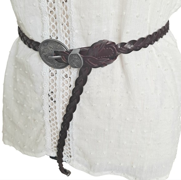 Western genuine braided leather waist belt thin dark Brown Boho metal buckle New - Picture 9 of 12